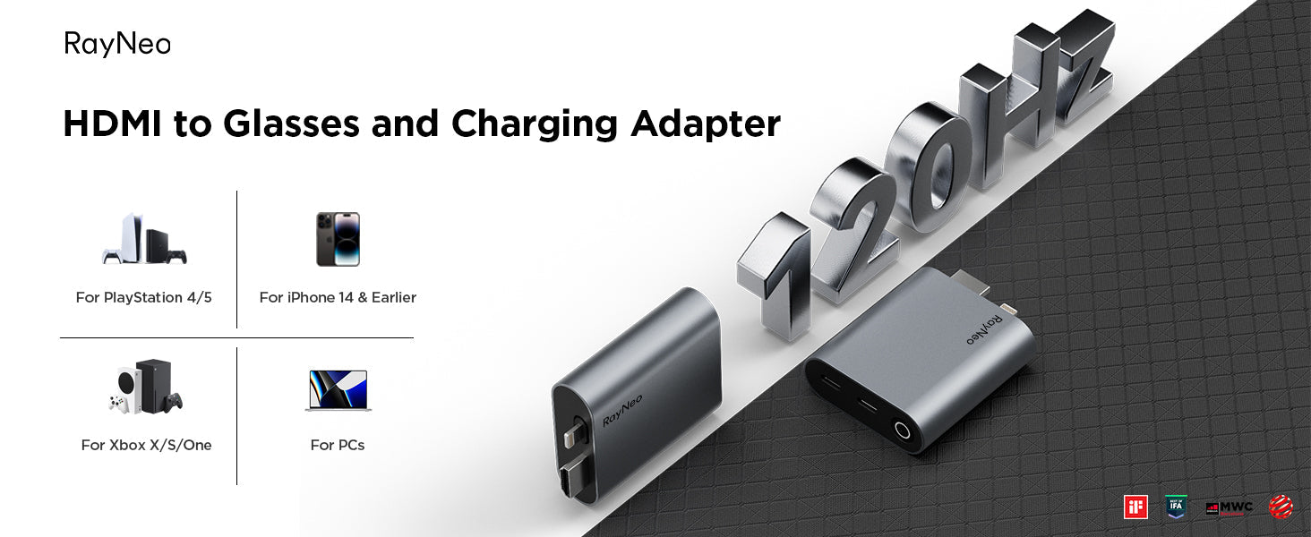 RayNeo HDMI portable adapter connects AR glasses to PlayStation, Xbox, iPhone, PCs.
