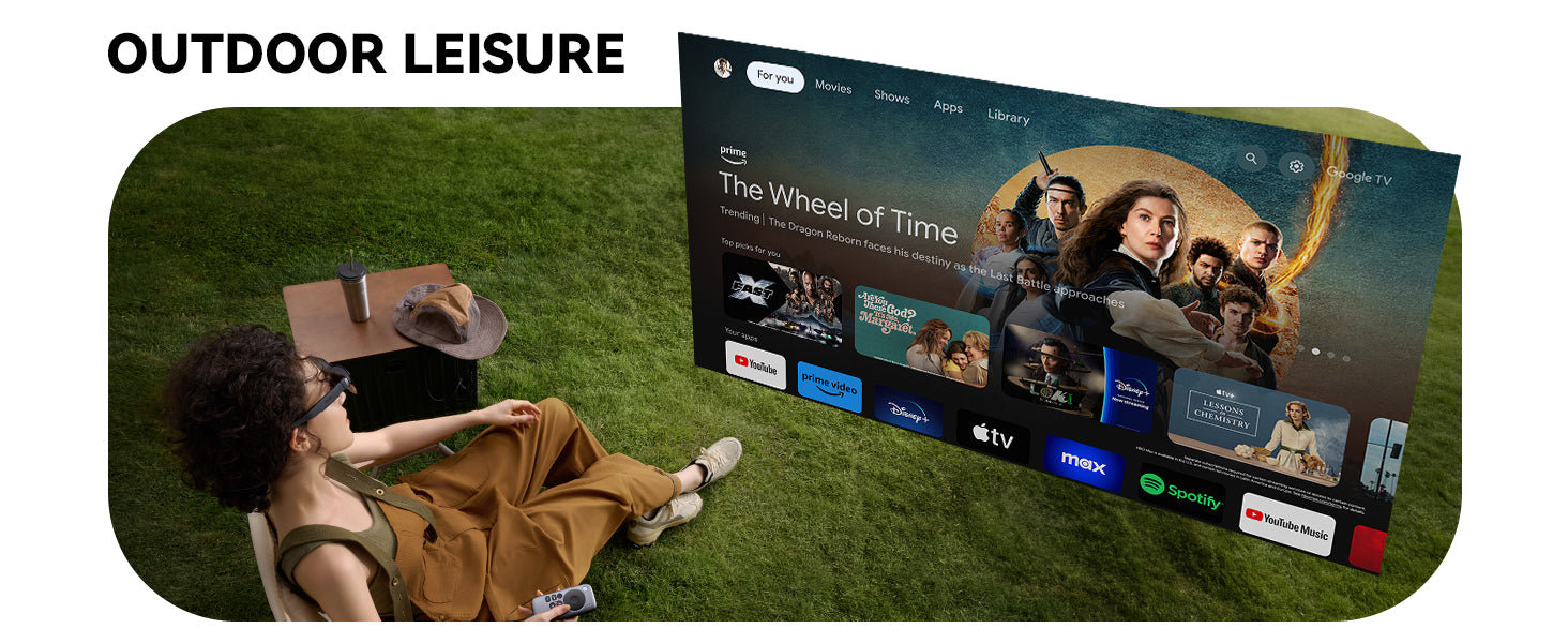 Person using best RayNeo AR glasses for outdoor leisure, watching Google TV content on a virtual screen.