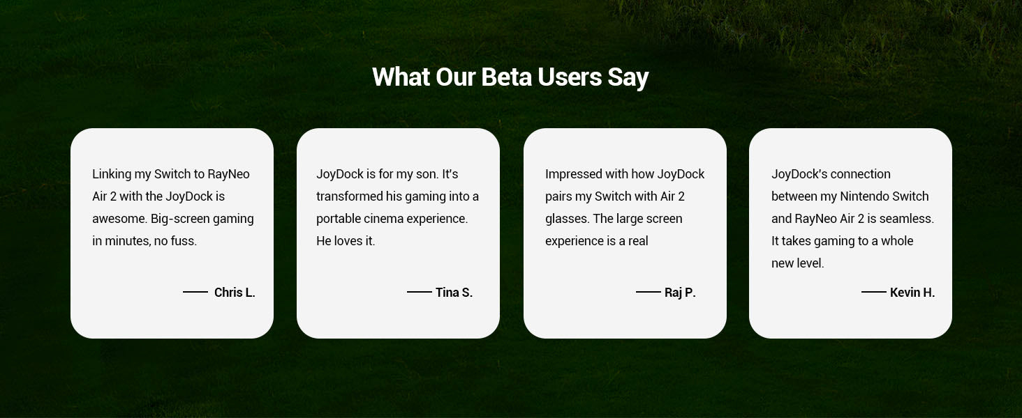 Beta user testimonials praising the Nintendo gaming accessories JoyDock adapter for seamless Nintendo Switch gaming.