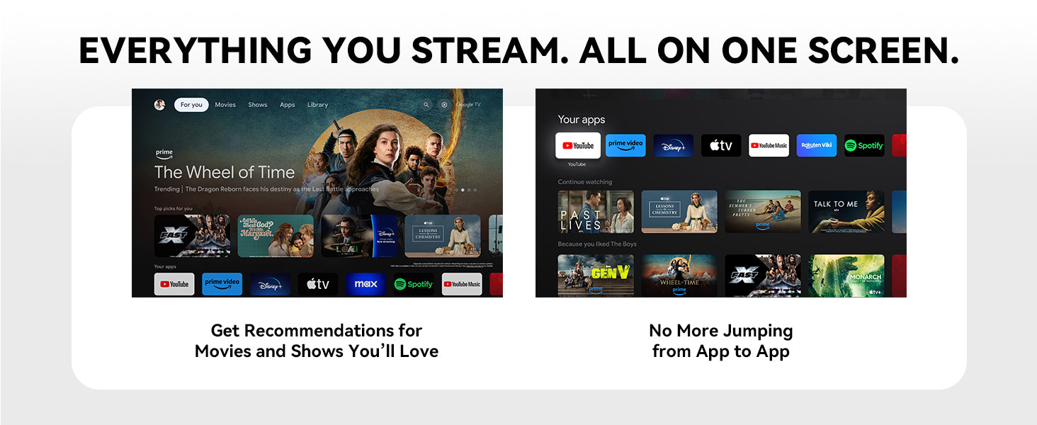 Google TV interface showing unified streaming apps & content on one screen.