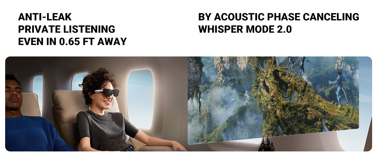 RayNeo AR glasses used in-flight, featuring anti-leak privacy and Whisper Mode 2.0 audio.