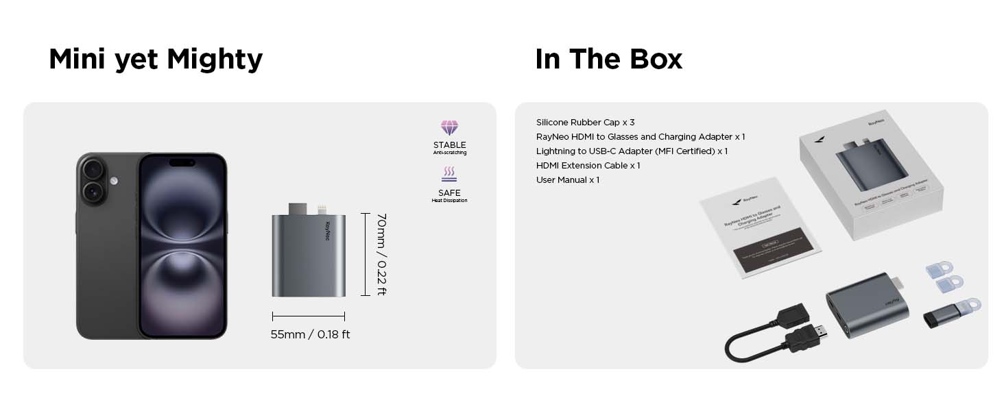 RayNeo HDMI adapter with all in-box accessories: cables, caps, manual.