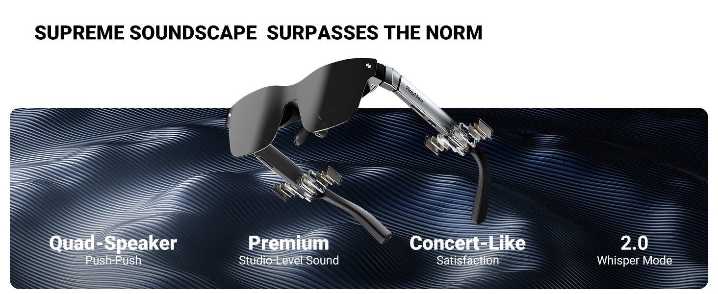 RayNeo Air 2s AR glasses for sale: Quad-Speaker Push-Push system for premium sound.