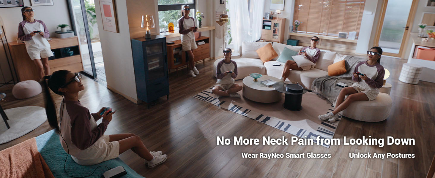 Multiple people enjoying hands-free gaming with RayNeo smart glasses in a living room.