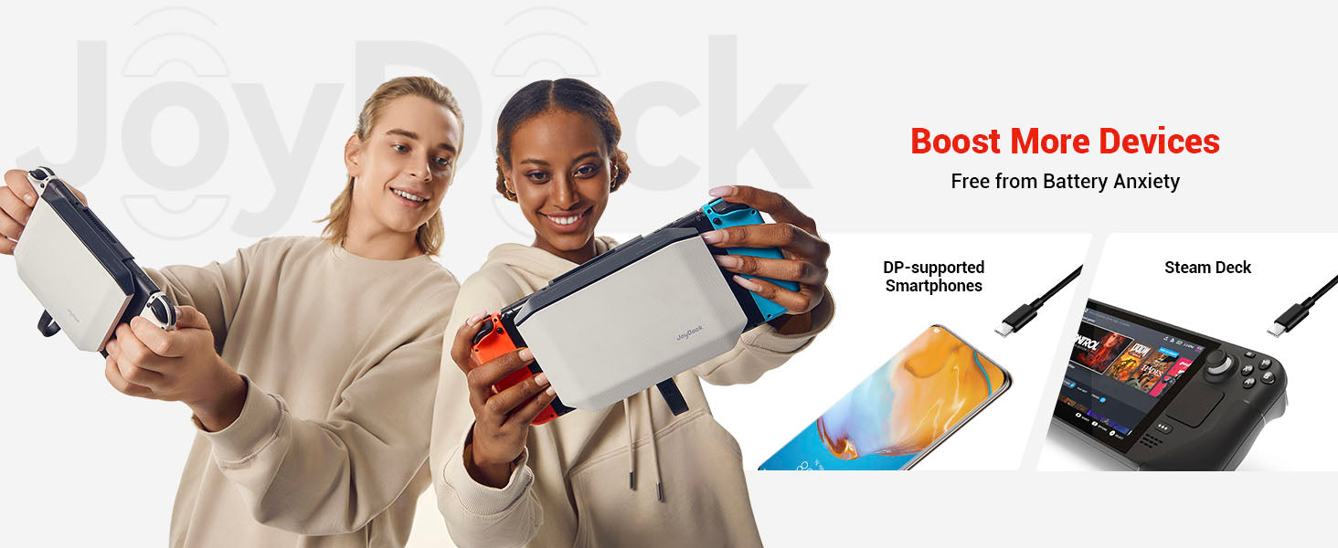 Two people using RayNeo JoyDock adapter for portable gaming on Nintendo Switch and Steam Deck.