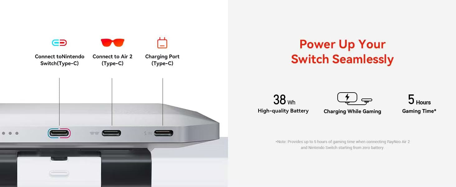 RayNeo JoyDock adapter ports and features for Nintendo Switch and smart AR glasses.
