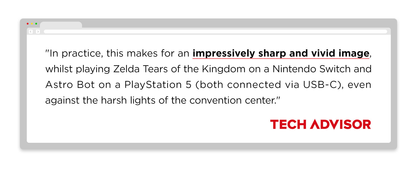 Tech Advisor review: sharp image playing Zelda on Switch and Astro Bot on PS5 via USB-C.
