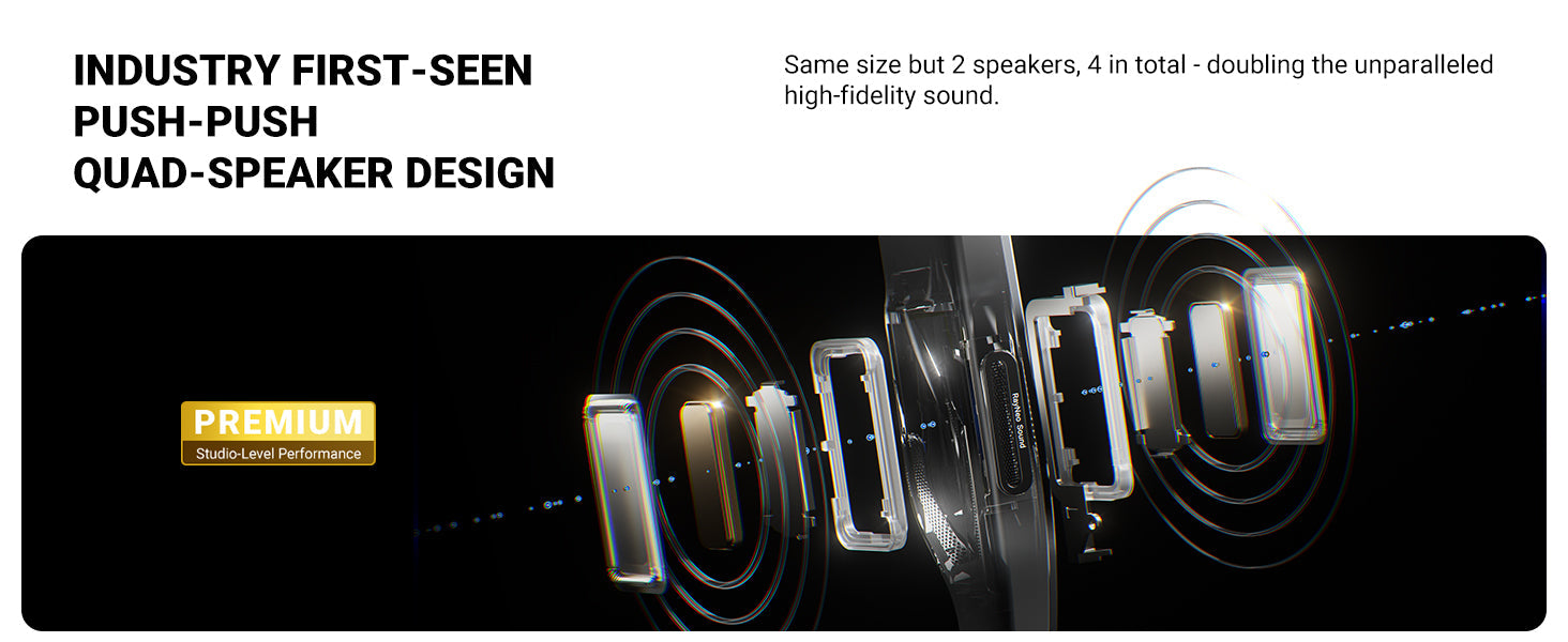 RayNeo AR glasses quad-speaker design with premium studio-level sound performance