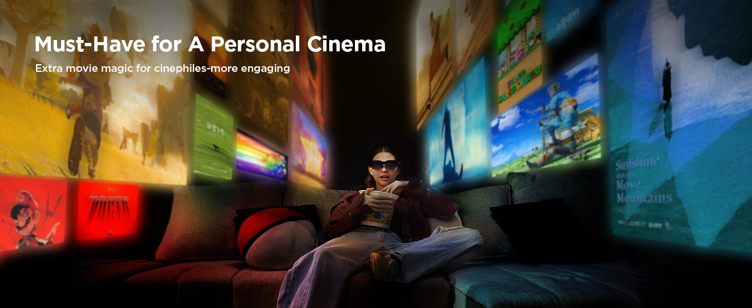 Woman using RayNeo AR glasses for an immersive personal cinema experience on a couch.