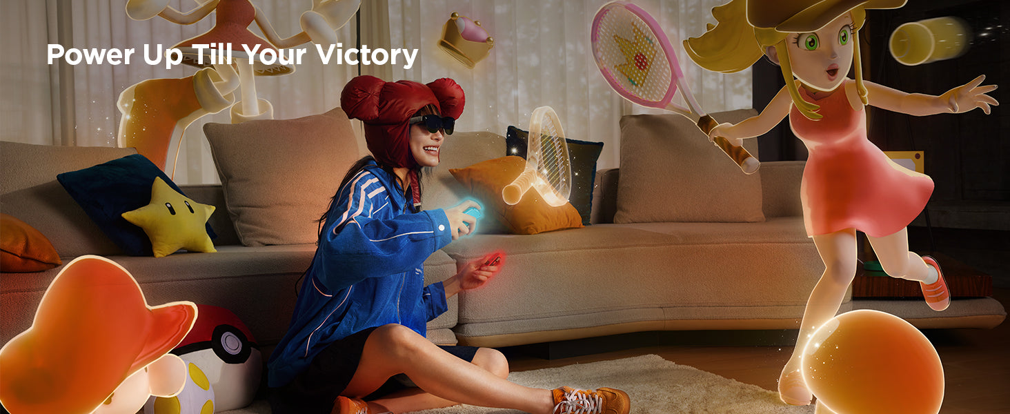 Woman playing Nintendo Switch 2 tennis game with RayNeo best AR glasses in a living room.