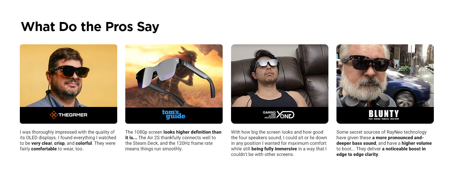 Tech reviews praising RayNeo AR glasses' OLED display, 120Hz refresh rate, comfort, and sound.