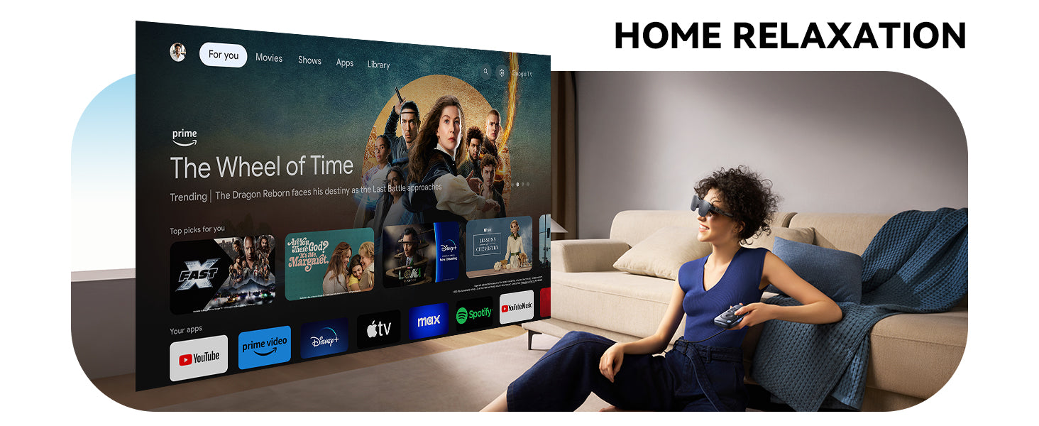 Woman relaxing at home using RayNeo best AR glasses to watch Google TV on a large virtual screen.