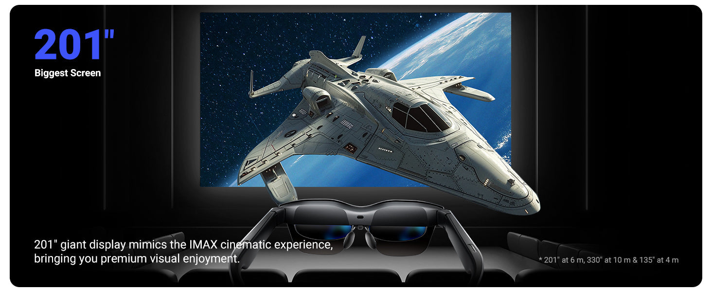 Portable RayNeo AR glasses project a massive 201-inch virtual screen for cinematic viewing.
